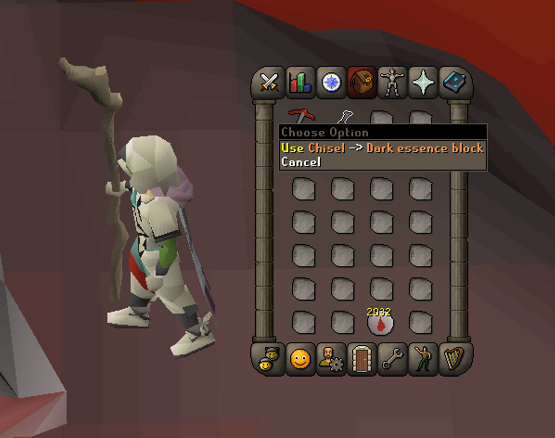 using chisel on dark essence blocks to create fragments to craft more blood runes per inventory.webp