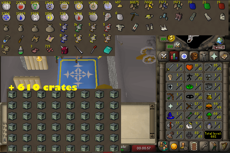 Ironman 99 Firemaking + 70 Agility + 83 Hunter + 77 Runecrafting + 85 Mining